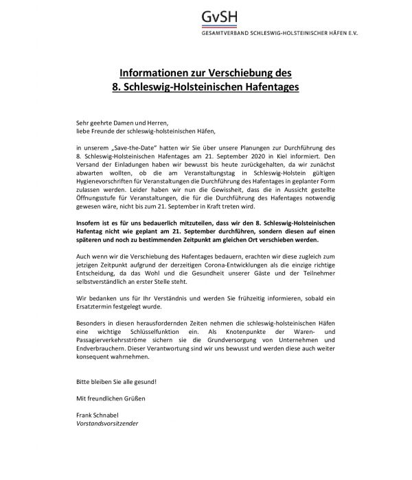 Statement zur Verschiebung des 8. Schleswig-Holsteinischen Hafentages